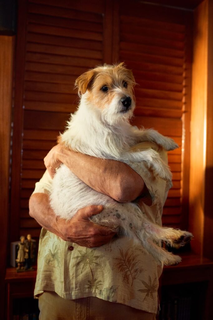 A man holding a medium-size dog.