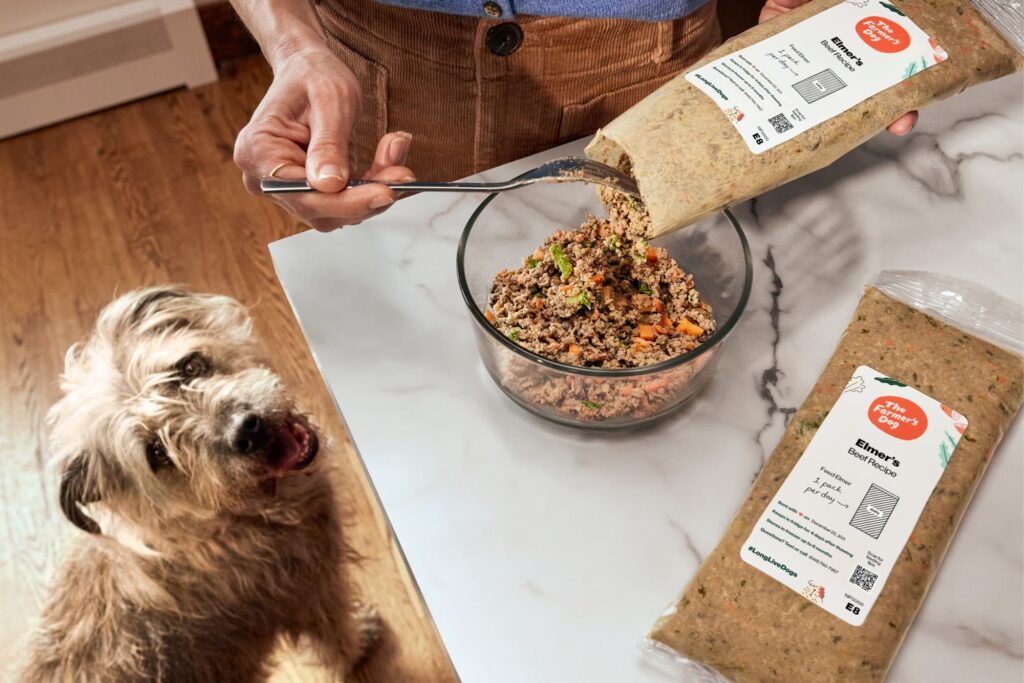 Dog Looking at Packs and Bowl of The Farmer's Dog