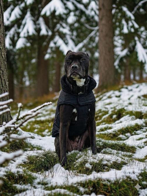 A brown pitbull wearing a dark blue quilted jacket sits in the grass in snowy woods.