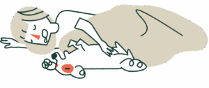 A drawing of a woman and a dog sleeping in a bed.