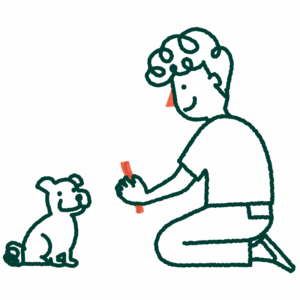 An illustration of a person with short curly hair kneeling and offering their small dog a treat.