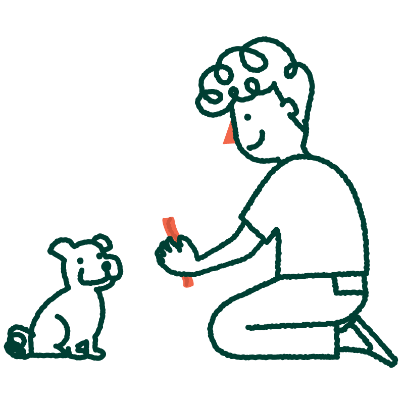 An illustration of a person with short curly hair kneeling and offering their small dog a treat.