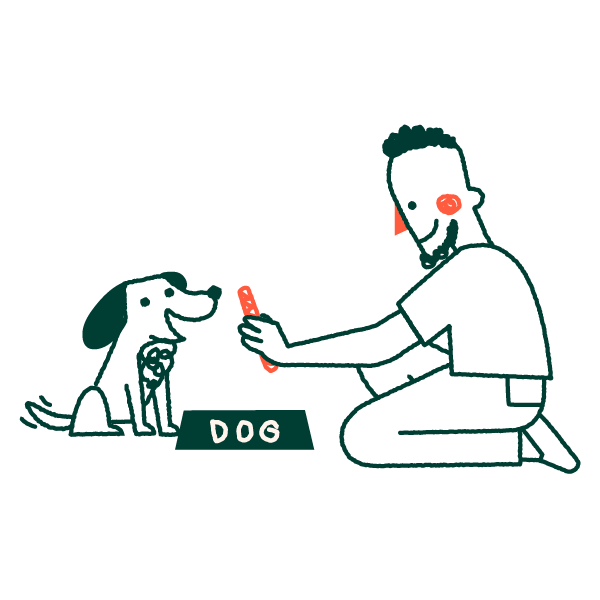An illustration of a person feeding a happy dog a treat by hand.