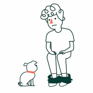 An illustration on an uncertain-looking person sitting on a toilet while their small dog looks at them.