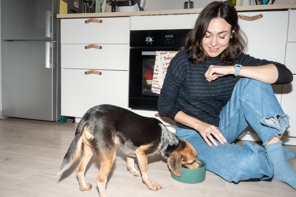 A white woman wearing a striped sweater and blue jeans feeds her dog, a small beagle, eating out of a teal bowl on the kitchen floor.