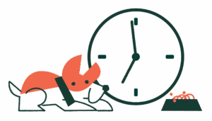A drawing of a dog near a clock and food.