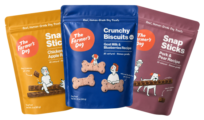 Three bags of The Farmer's Dog treats: Snap Sticks Chicken and Apple Recipe, Crunchy Biscuits Goat Milk and Blueberries Recipe, Snap Sticks Pork and Pear Recipe